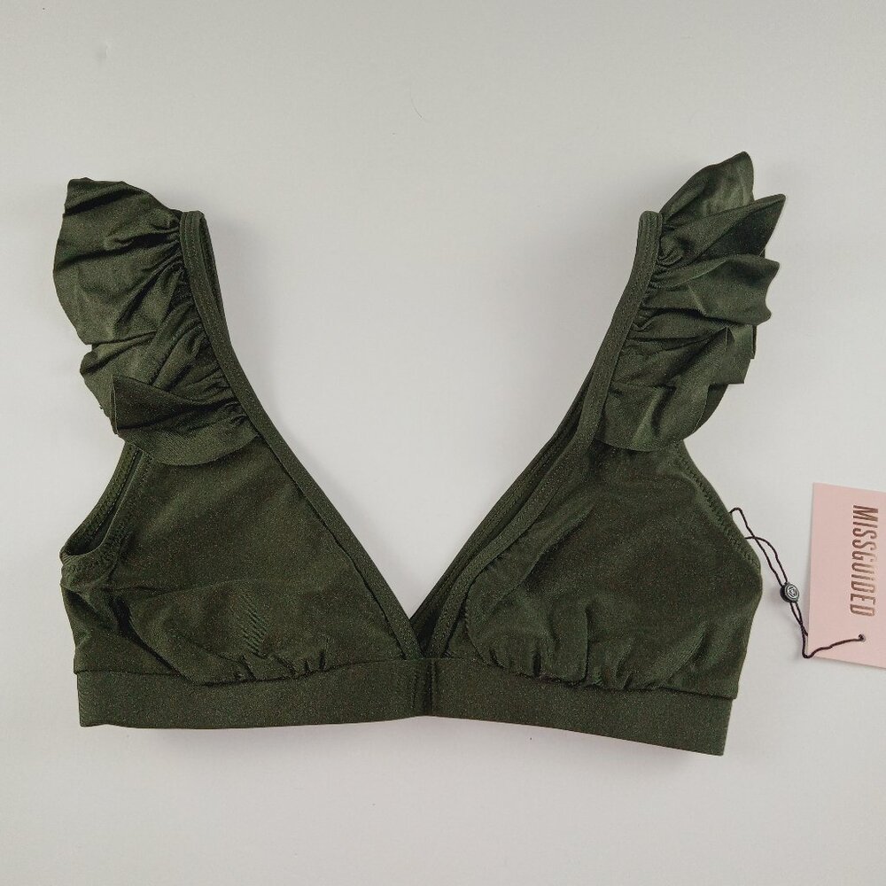 Missguided Women's Frill Shoulder Bikini Top Size 4 Green Unpadded Wirefree Swim